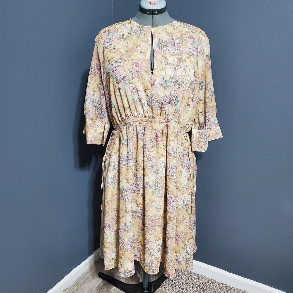 H&M Soft Yellow Floral Midi Granny Sheer Dress Women's Size Large